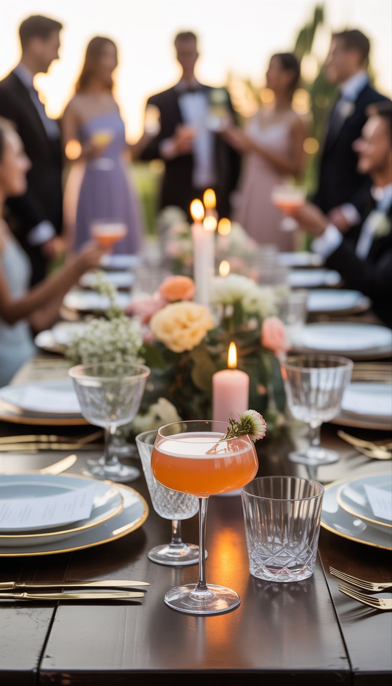 A wedding dinner table with a signature cocktail, floral centerpieces, candles, and guests celebrating in the background.